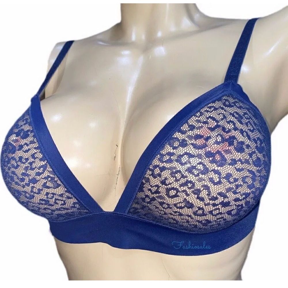 Victorias Secret Unlined Sexy Sheer Leopard Lace bralette bra Blue